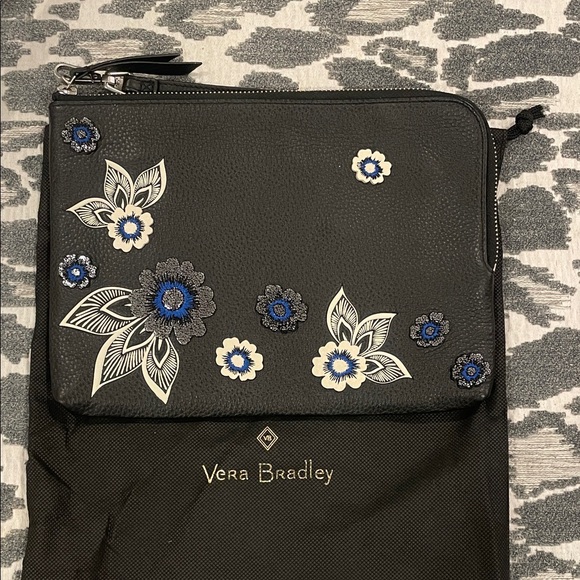 Vera Bradley Handbags - Vera Bradley Black and Blue Floral Leather Clutch Mallory Genuine Leather